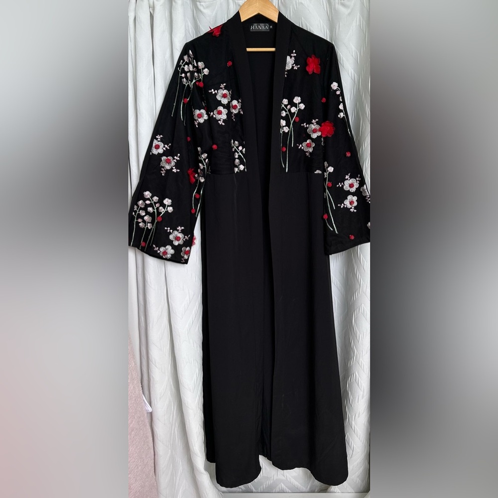 Long kimono style light coat with sheer overlay and embroidered details